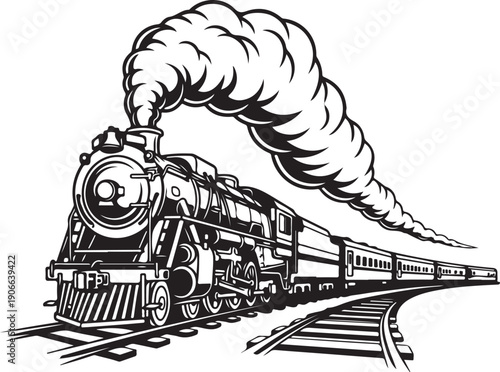 Vintage steam train travels on railway tracks puffing thick smoke, historical locomotive with passenger carriages monochrome design