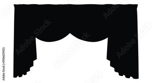 A stark black silhouette of draped curtains with a scalloped valance and flowing side panels silhouette high quality professional detailed modern