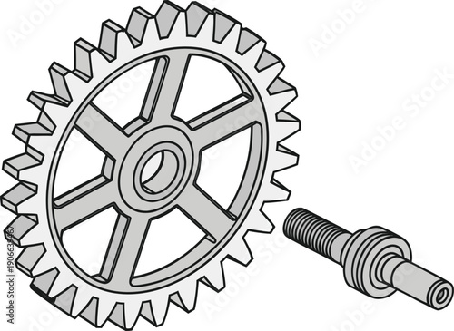 Vector isolated on transparent bg mechanical gear with threaded shaft