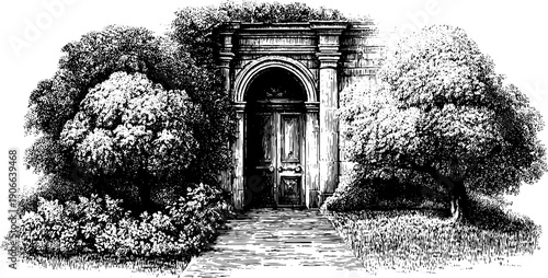 Vintage architectural doorway with botanical symmetrical design for decorative print