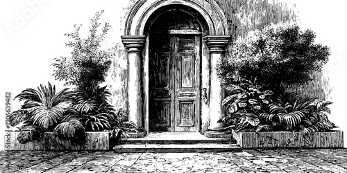 Architectural doorway with botanical details in vintage engraving style - design for print or poster