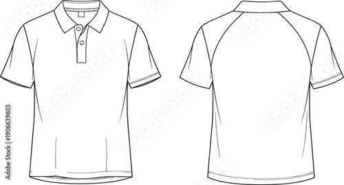 Blank White Short Sleeve Polo Shirt Technical Flat Sketch Vector Template with Raglan Sleeves Front and Back View for Fashion Design