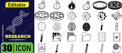 Research including D N A, brain, petri dishes, stopwatch, gears