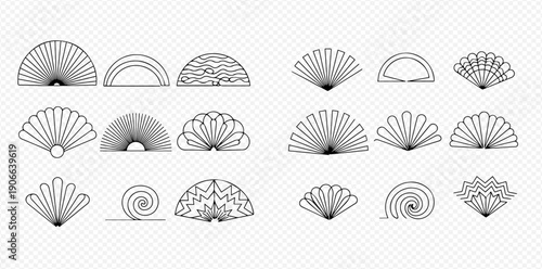 Set of Japanese fan and traditional abstract patterns in black outline, vector illustration.