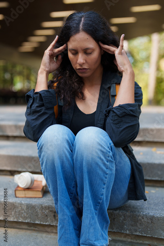 Young biracial woman sitting outdoors experiencing a severe headache or migraine, illustrating the mental health challenges and academic pressure faced by students