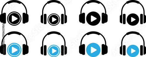 Play button icons with headphones for multimedia and music concepts