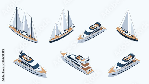 Selection of isometric illustrations of luxury yachts and traditional sailboats on a light blue background.
