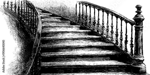 Vintage architectural staircase with curved handrail illustration for design and decor