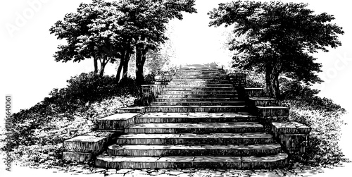 Vintage architectural staircase with botanical surroundings for design and decor