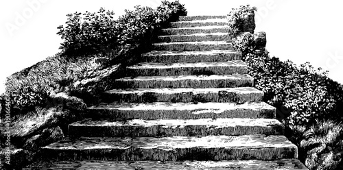 Vintage architectural staircase with botanical elements – elegant ascent design for posters or cards