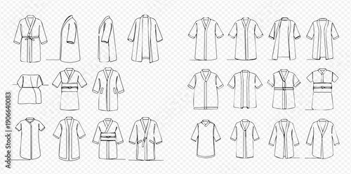 Set of hand-drawn kimono, yukata, and robe fashion design sketches, perfect for clothing and textile projects.