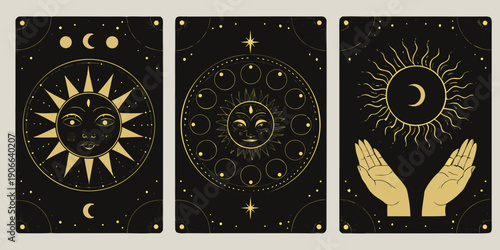 Three celestial tarot cards featuring sun moon and hands imagery