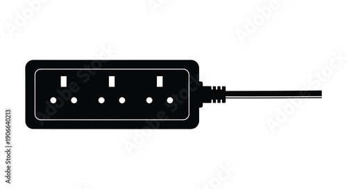 A sleek black power strip with multiple outlets and a cord is displayed against a white background a striking silhouette