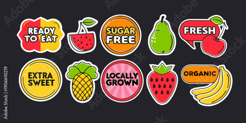 Colorful fruit stickers with health and quality labels