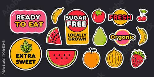 Colorful fruit stickers with health and quality labels on a dark background