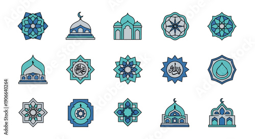 Islamic icon set with mosque, geometric ornaments, and arabic calligraphy for ramadan kareem and eid decoration