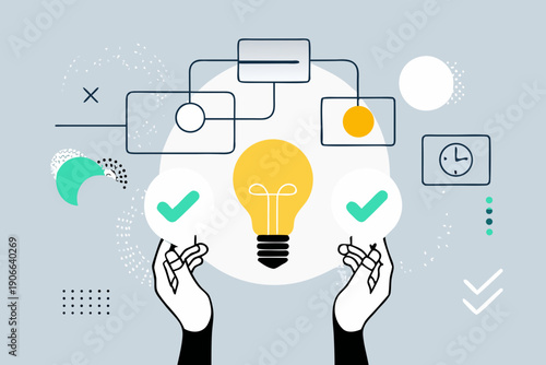 Hands presenting a bright idea with connecting flowcharts and abstract shapes