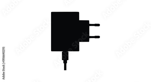A stark black silhouette depicts a common electronic power adapter showcasing its rectangular form and prongs silhouette high quality professional detailed