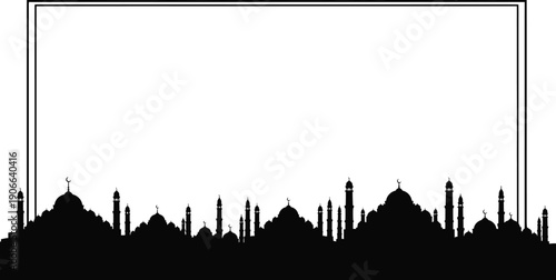 Cityscape silhouette illustration of buildings and towers from a low viewpoint frame