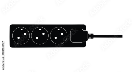 A stark black silhouette depicts a multi socket power strip with four outlets and a connected cable silhouette high quality professional detailed