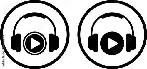 Black icons of headphones with play buttons for audio and video content