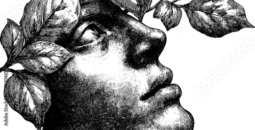 Autumn allegory: human figure with foliage in vintage botanical style for art prints