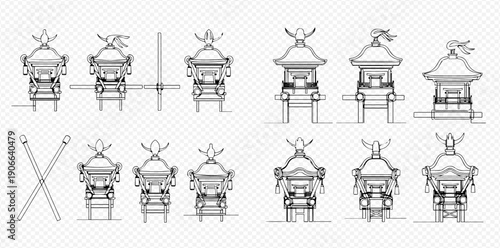 Japanese Mikoshi Portable Shrine Line Art Set for Traditional Festivals and Cultural Celebrations.