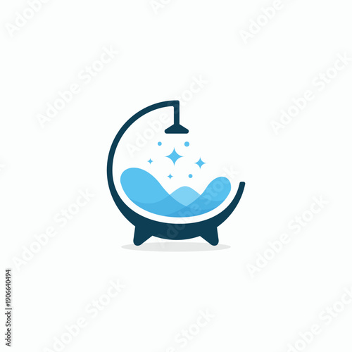 Modern bathtub logo design with shower head and water waves.