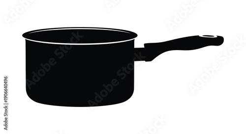 A stark black silhouette of a solitary saucepan with a long handle is prominently displayed against a white backdrop silhouette