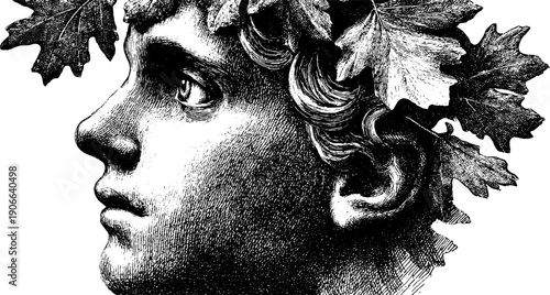 Autumn allegory with foliage adorning human figure - vintage botanical sketch