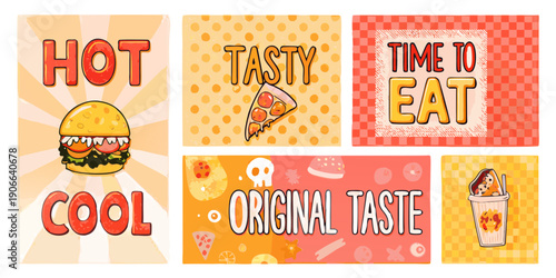 Colorful pixel art panels promoting fast food and dining experiences