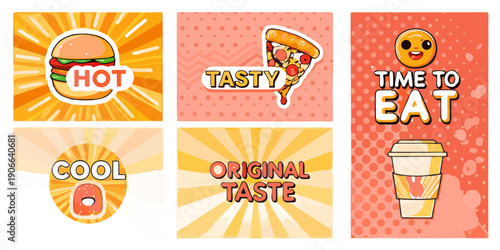 Colorful pixel art panels displaying fast food and drink items