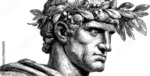 Timeless classical statue with botanical elements in vintage engraving style for art and design