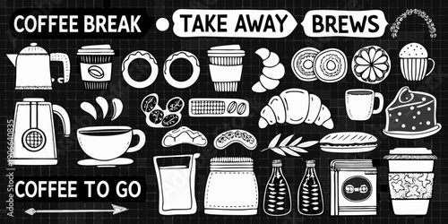 Coffee break illustration featuring various beverages and pastry items