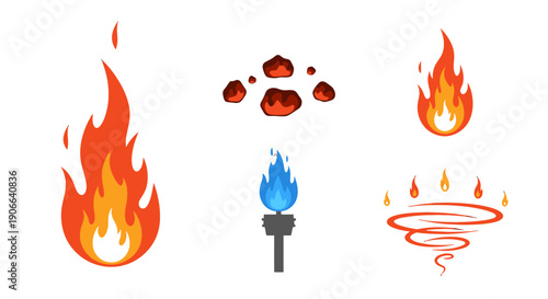 Diverse Stylized Fire Icons Set RedOrange Flames Blue Torch Glowing Embers and Fiery Vortex.