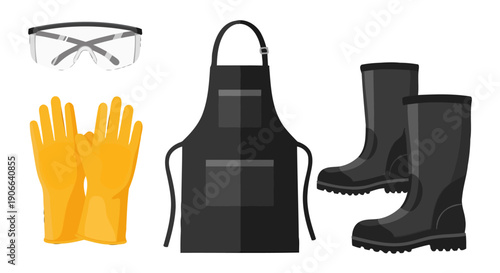 Essential personal protective equipment set clear safety goggles yellow rubber gloves black apron and sturdy rubber boots.