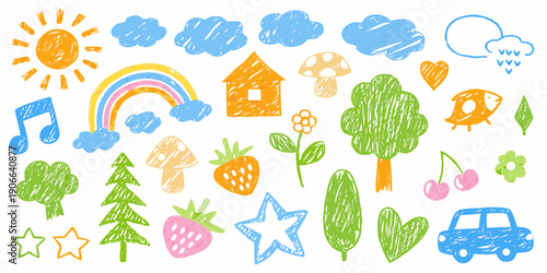 Colorful childlike drawing of sun clouds rainbow and various objects