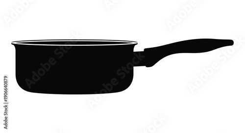 A stark black silhouette of a classic saucepan with a long handle stands isolated on a bright white background silhouette
