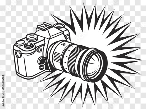 Exploding vintage camera with flash vector isolated on transparent bg