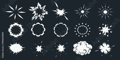 Collection of white explosion and starburst effects on a dark background