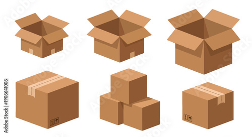 Isometric brown cardboard boxes set open and closed with tape and shipping symbols flat design style.