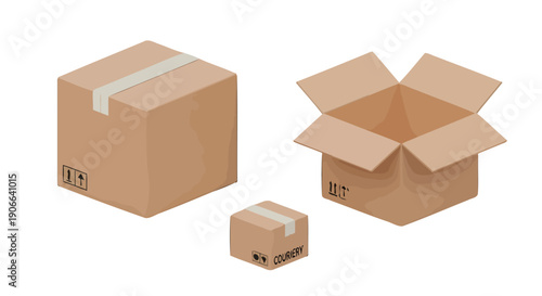 Isometric brown cardboard shipping boxes one open two sealed with tape and delivery symbols.