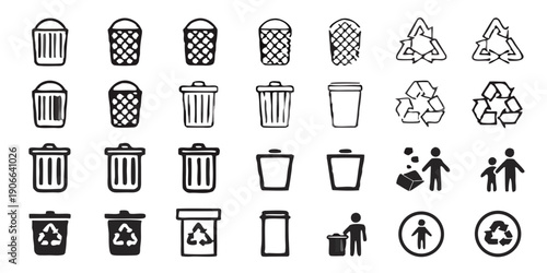 Collection of grayscale recycling and trash can icons in various styles