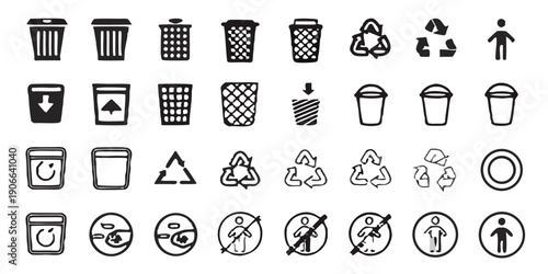 Collection of grayscale recycling and waste disposal icons arranged in rows