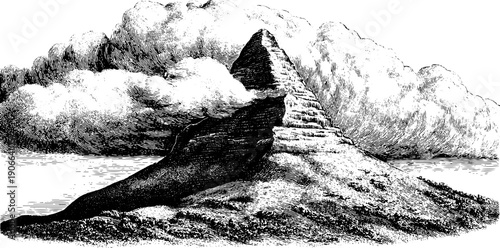 Stratified cloud formation with botanical theme engraving for vintage design