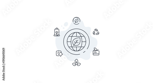 Modern minimalist line art icons depicting global environmental protection featuring a central globe with a leaf.