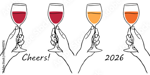 Four wine glasses held by hands showcasing different shades of red and orange