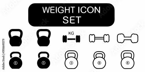 Black and white illustration of various weight icons and kettlebells