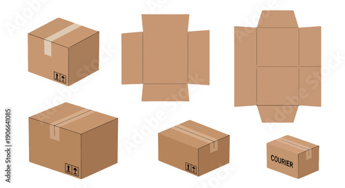 Set of brown cardboard shipping boxes taped with This Way Up symbols and flat templates for packaging.