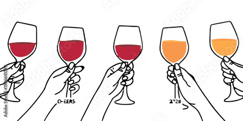 Five wine glasses displaying varying levels of liquid from full to empty